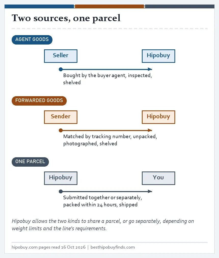 Flow card: agent goods from the seller and forwarded goods from the sender both reach Hipobuy, then leave as one parcel to you