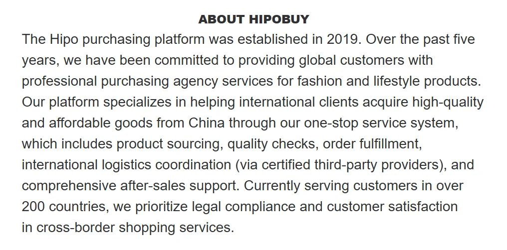 Hipobuy About Us text: established in 2019, purchasing agency services for fashion and lifestyle products, customers in over 200 countries