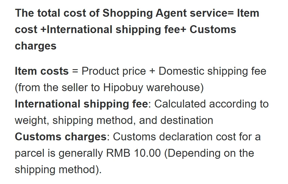 Hipobuy Service and Fees text: total cost equals item cost plus international shipping fee plus customs charges, with each term defined