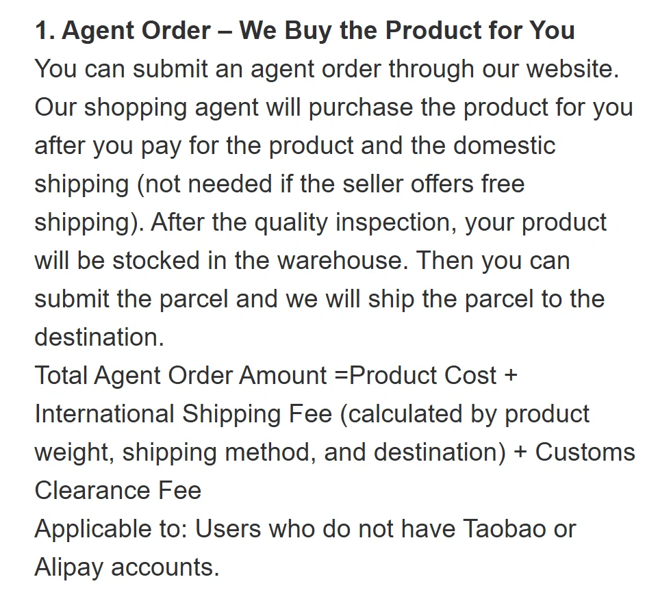 Hipobuy help text: Agent Order, We Buy the Product for You, with the total agent order amount formula and the line on who it applies to
