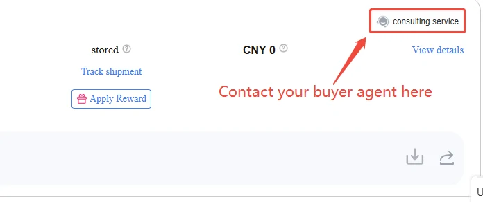 Hipobuy beginner guide screenshot of the right side of an order line: stored status, a track shipment link, and a consulting service button marked as the way to contact your buyer agent