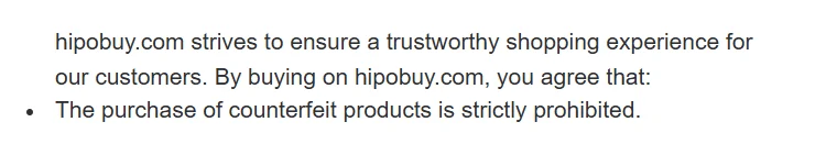 Hipobuy Service Terms text: by buying on hipobuy.com you agree that the purchase of counterfeit products is strictly prohibited