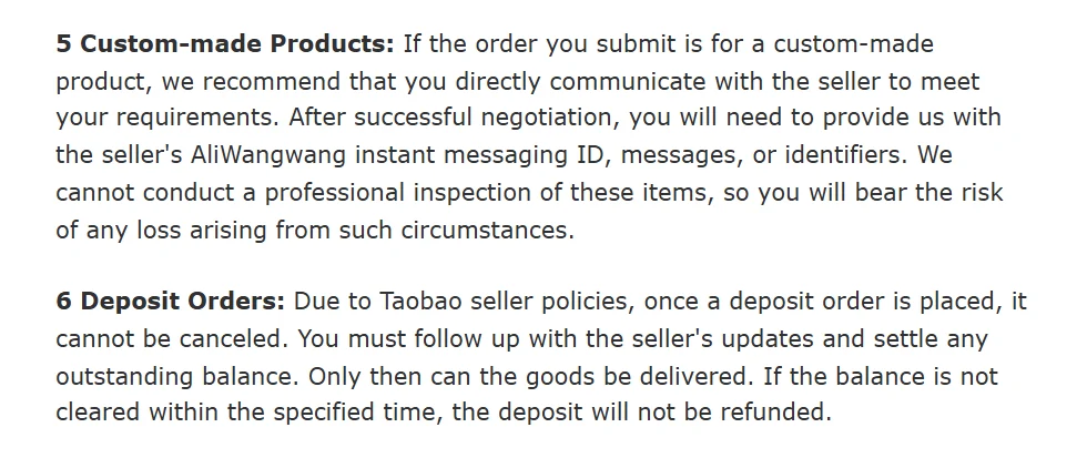 Hipobuy disclaimer text: point five on custom-made products and point six on deposit orders