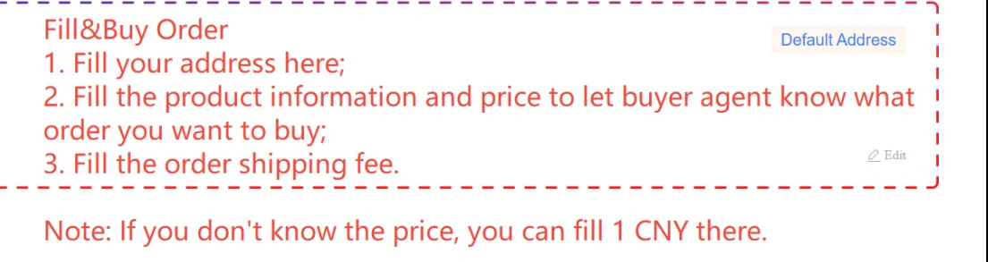 Hipobuy guide note on the Fill and Buy form: fill in your address, the product information and price, and the order shipping fee, and enter 1 CNY if the price is unknown