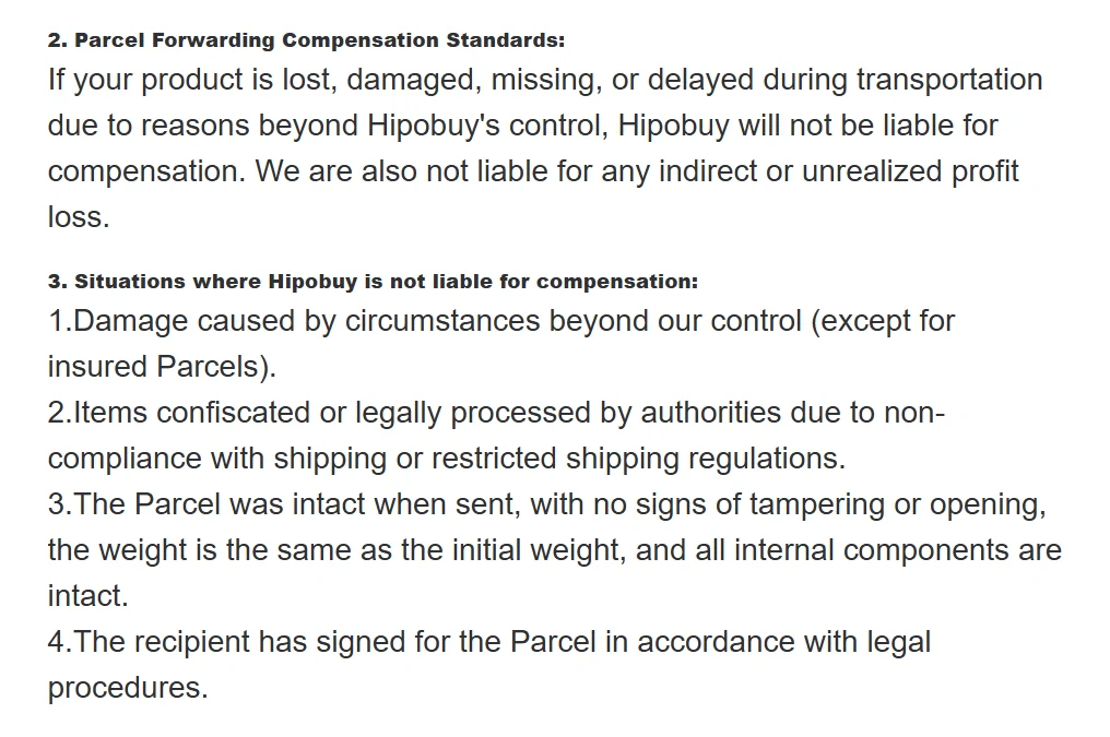 Hipobuy agreement text: parcel forwarding compensation standards and situations one to four where Hipobuy is not liable