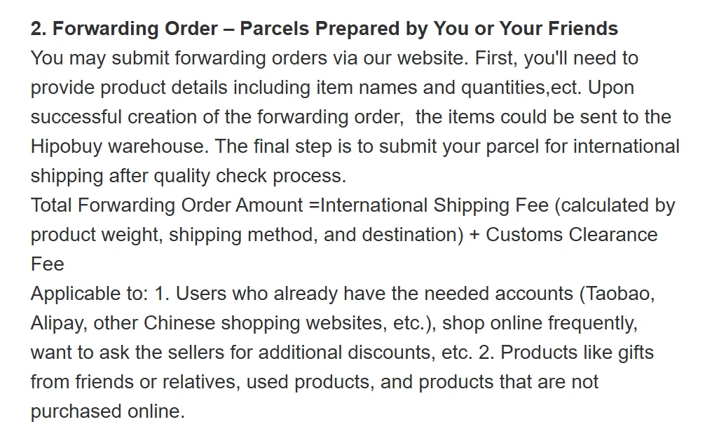 Hipobuy help text: Forwarding Order, Parcels Prepared by You or Your Friends, with the total forwarding order amount formula and the groups it applies to