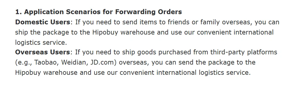 Hipobuy tutorial text: application scenarios for forwarding orders, domestic users sending to family overseas and overseas users shipping goods bought on Taobao, Weidian or JD.com