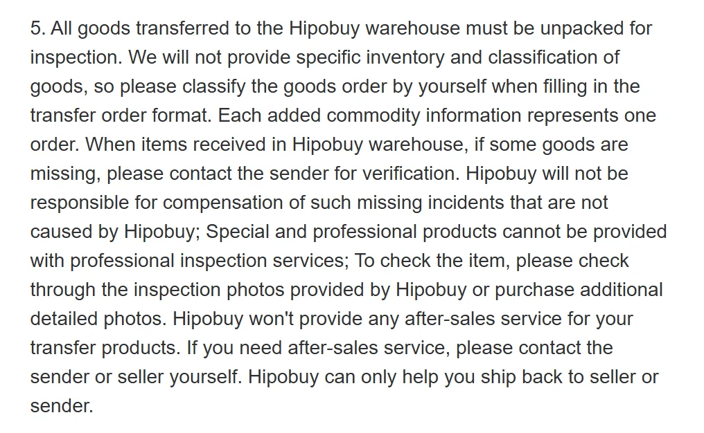 Hipobuy agreement text, point five: all transferred goods are unpacked, no inventory is provided, missing goods are for the sender, and no after-sales is offered on transfer products