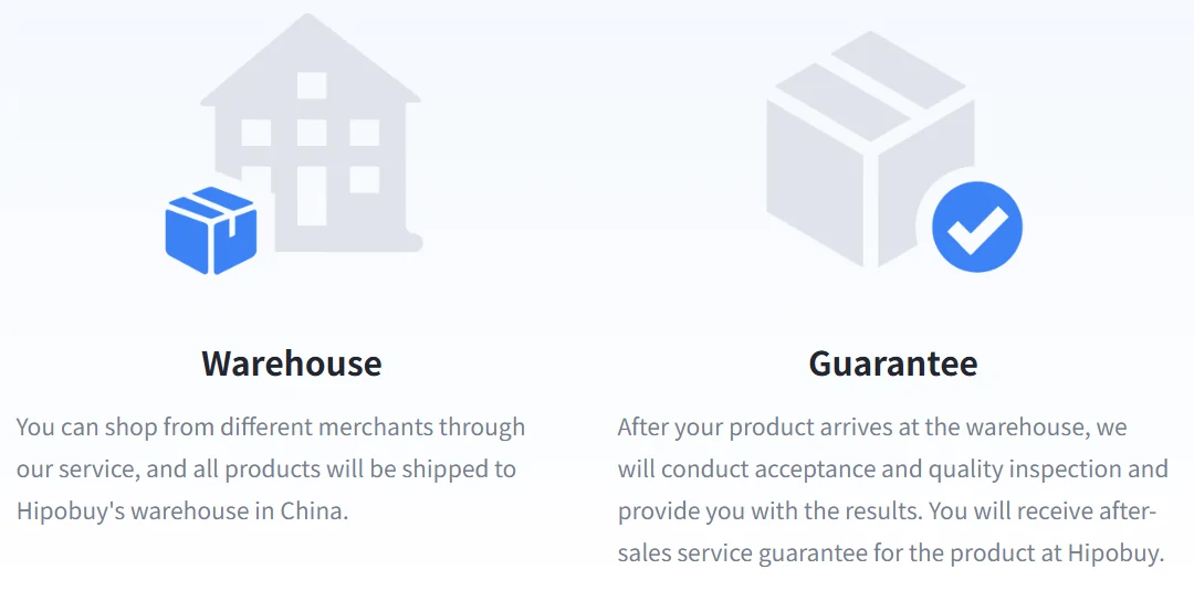 Hipobuy homepage cards headed Warehouse and Guarantee; the Guarantee card promises acceptance, quality inspection and an after-sales service guarantee