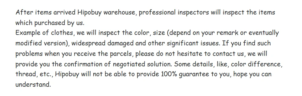 Hipobuy FAQ text: professional inspectors check items purchased by Hipobuy, such as colour, size and widespread damage, without a full guarantee on colour difference or thread