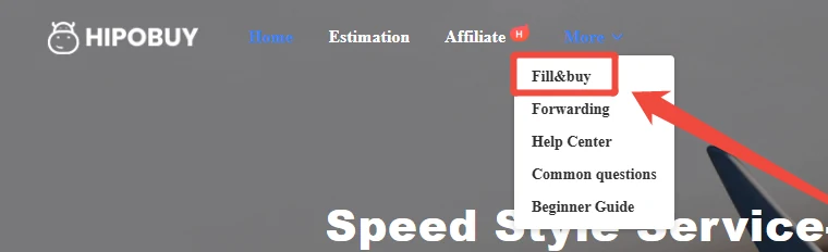 Hipobuy beginner guide screenshot from August 2025: the header with the More menu open and Fill&buy highlighted above Forwarding, Help Center, Common questions and Beginner Guide