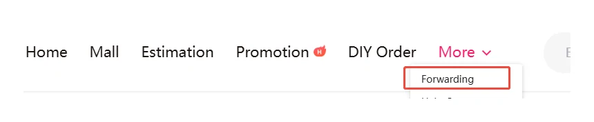 Hipobuy tutorial screenshot from March 2025: a top menu with Home, Mall, Estimation, Promotion and DIY Order, and More open with Forwarding highlighted