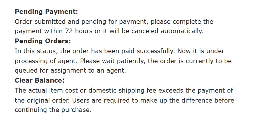 Hipobuy Order Status Display text: Pending Payment within 72 hours, Pending Orders queued for an agent, and Clear Balance when the actual cost is higher