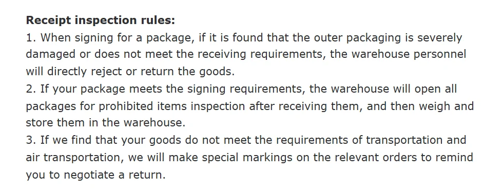 Hipobuy text: receipt inspection rules one to three, refusing damaged parcels, opening all packages for prohibited items, and marking goods that cannot fly
