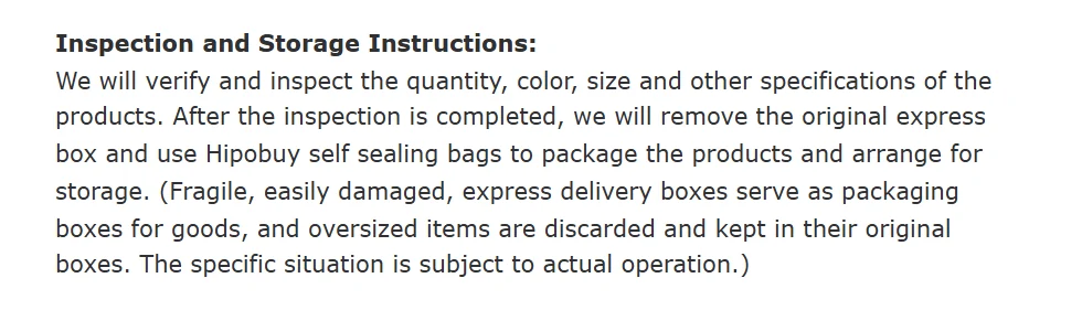 Hipobuy text: inspection and storage instructions, verifying quantity, colour and size, removing the express box and repacking in Hipobuy self-sealing bags