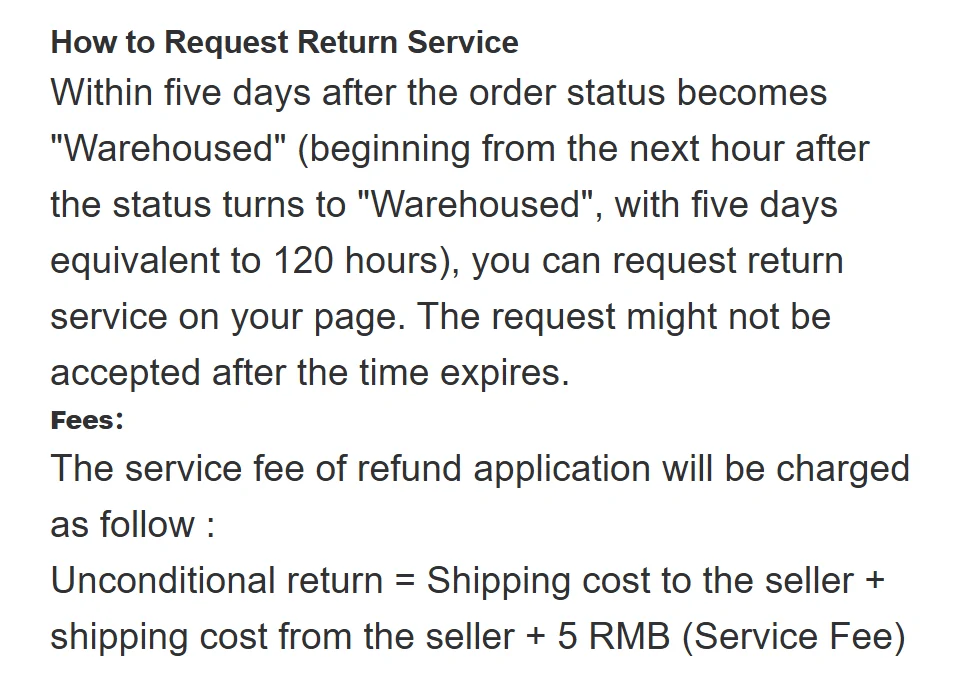 Hipobuy Returns and Refunds text: how to request return service within five days after Warehoused, equal to 120 hours, and the fee formula