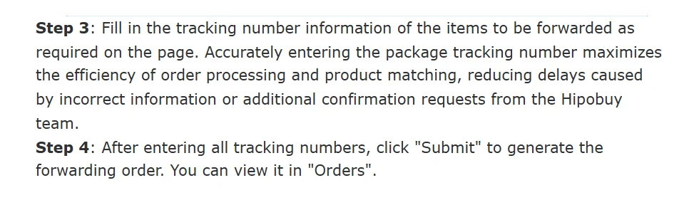 Hipobuy tutorial text: step three, fill in the tracking number accurately to reduce delays, and step four, submit to generate the forwarding order