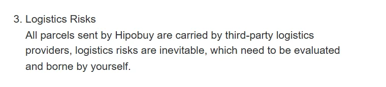Hipobuy disclaimer text: logistics risks, all parcels are carried by third-party logistics providers and the risk is evaluated and borne by you